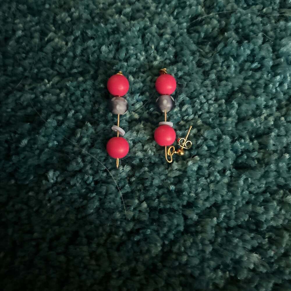 Vintage Aarikka Finland Red and Silver Wood Bead Dangle Earrings